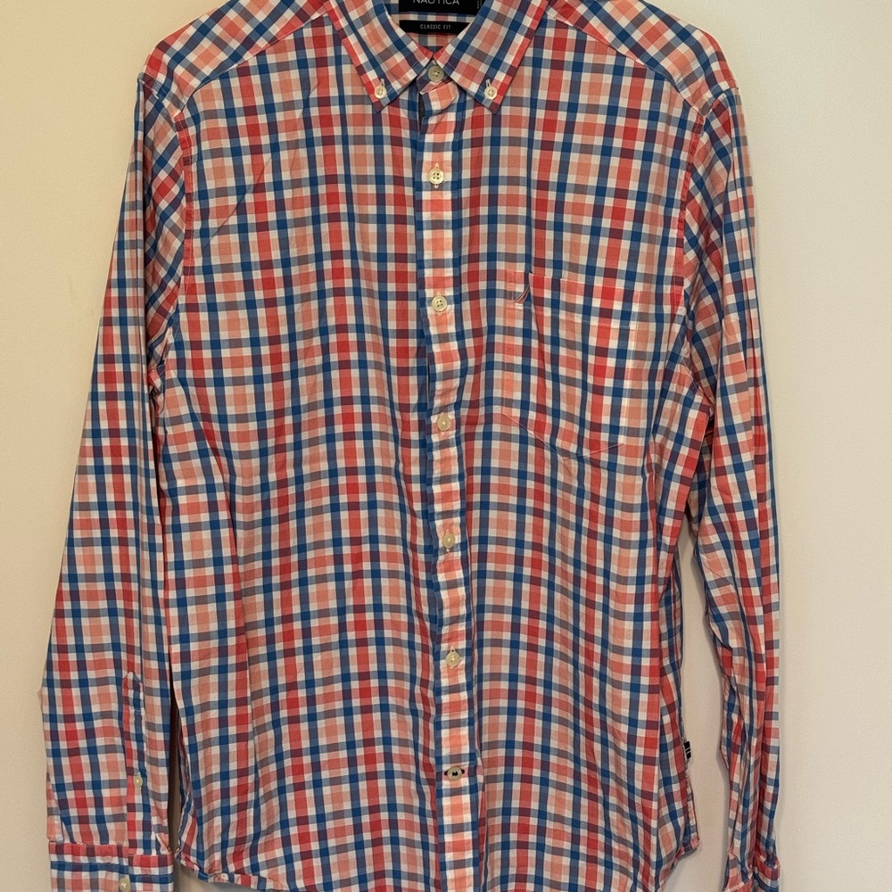 Nautica Salmon/Pink and Blue Plaid Button Down Shirt